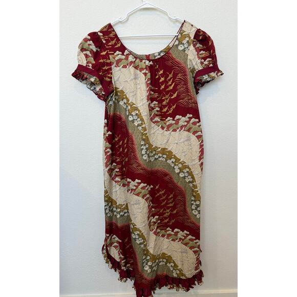 Carol Bennett Hawaiian Tropical Dress Red Tan Large